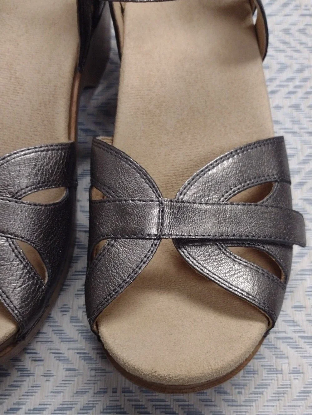 Dansko Silver Leather Wedge Sandals with Wood-Look Heel